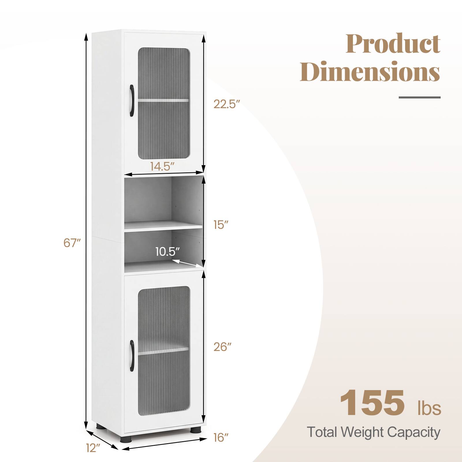Product Dimensions:  
22.5" x 14.5" x 67" x 10.5" x 15" x 26" x 12" x 16"  
Total Weight Capacity: 155 lbs