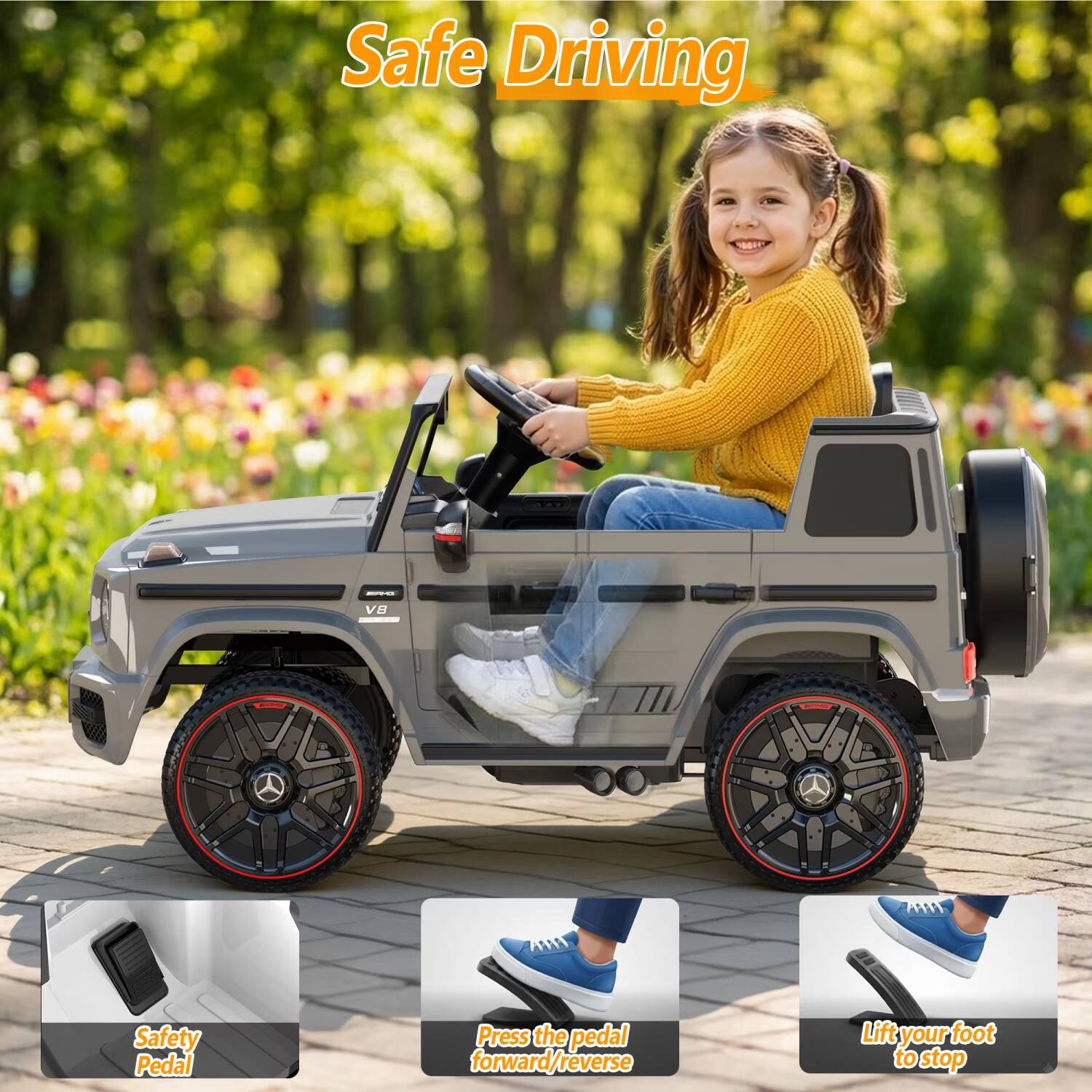 Safe Driving

BRASE
V8

Safety Pedal
Press the pedal forward/reverse
Lift your foot to stop