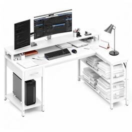 Bestier - Gaming Desk - L-Shape Office Desk with RGB Light, Charging Station, Monitor Riser & Shelves - White