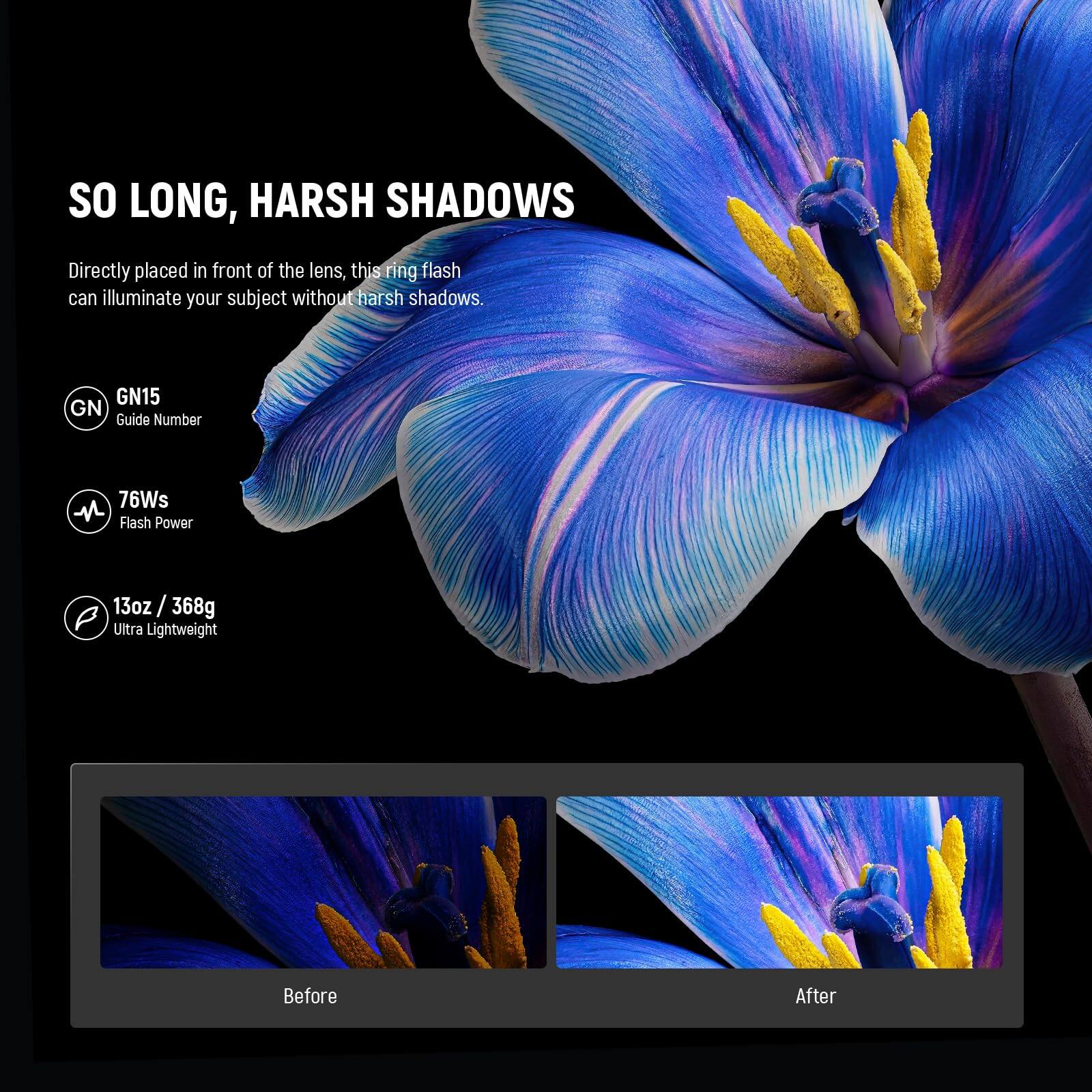 SO LONG, HARSH SHADOWS

Directly placed in front of the lens, this ring flash can illuminate your subject without harsh shadows.

GN15  
Guide Number

76Ws  
Flash Power

13oz / 368g  
Ultra Lightweight

Before  
After