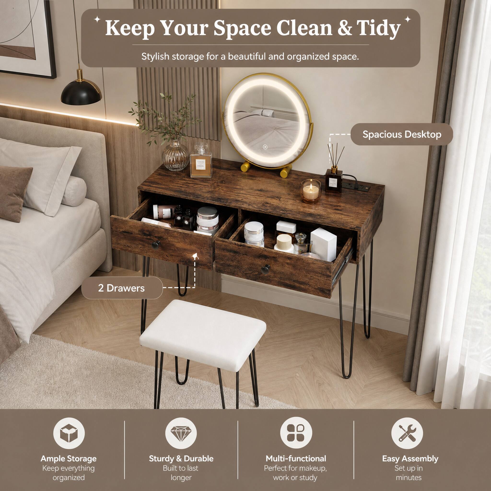 Keep Your Space Clean & Tidy  
Stylish storage for a beautiful and organized space.

Spacious Desktop  
2 Drawers  
Ample Storage Keep everything organized  
Sturdy & Durable Built to last longer  
Multi-functional Perfect for makeup, work or study  
Easy Assembly Set up in minutes