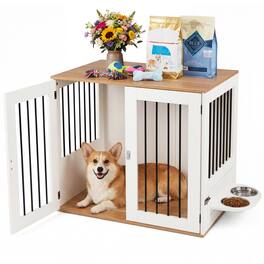 Gymax - 31.5'' Dog Crate Furniture w/ Double Lock Doors 360-Degree Rotating Feeder Bowls