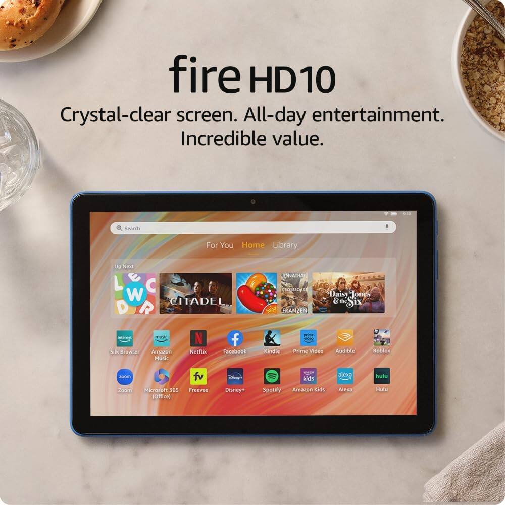 fire HD10  
Crystal-clear screen. All-day entertainment. Incredible value.

Search For You  
Home Library  
Up Next  

L C W CITADEL D R arna musi N f Silk Browser Amazon Netflix Facebook Music ONATHAN OSAOA Daisy Jooe & the Six FRANZEN prima vides Kindle Prime Video Audible Roblox 20om Zoom Microsoft 365 (Office) fv Freevee Disey Disney+ s kids Spotify Amazon Kids alexa Alexa hulu Hulu