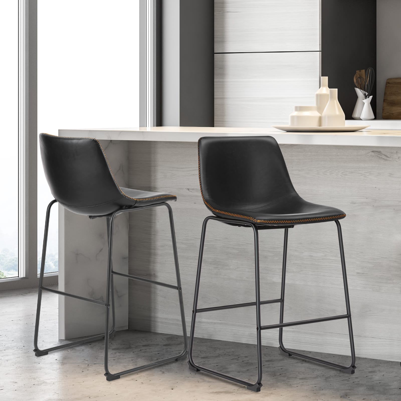 AENKYO - Bar Stools Set Of 2 Counter Height With Backs Faux Leather Dining Chairs for Home Office Kitchen - Black