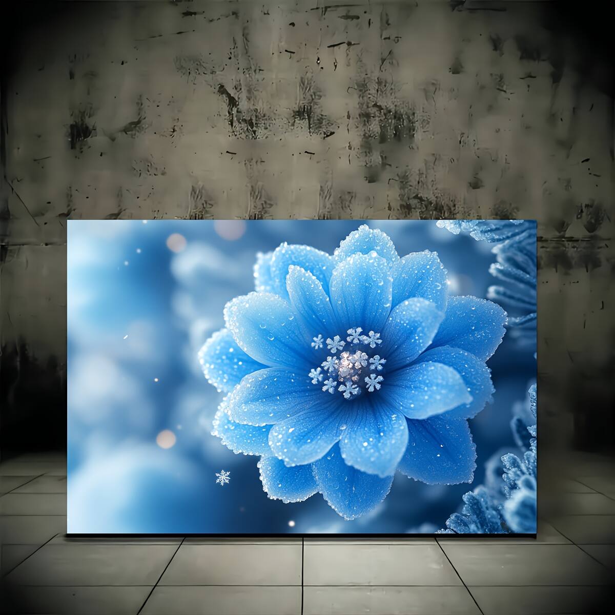 Back. blue - 1pc Wooden Framed Canvas Painting, Small blue flowers with diamond cores, Wall Art Prints for Living Room & Bedroom & K - Color:32*24inch.