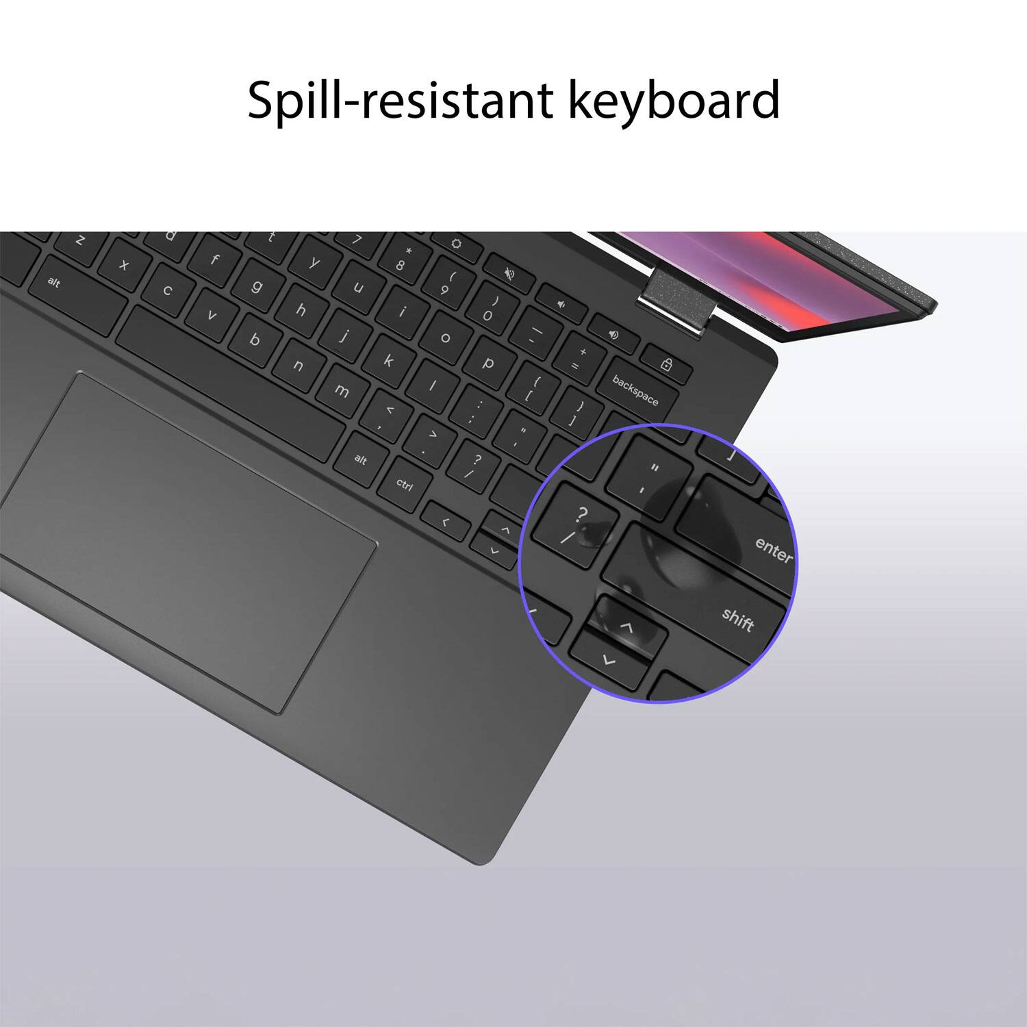 Spill-resistant keyboard

alt Z x d C f V E g b y h n 7 u j m alt . 8 i k < etri o  A 9 ) o - o . P I  [ : : V .  ? / C 2 - * . - 1 backspace ] H - ? / L enter A L shift