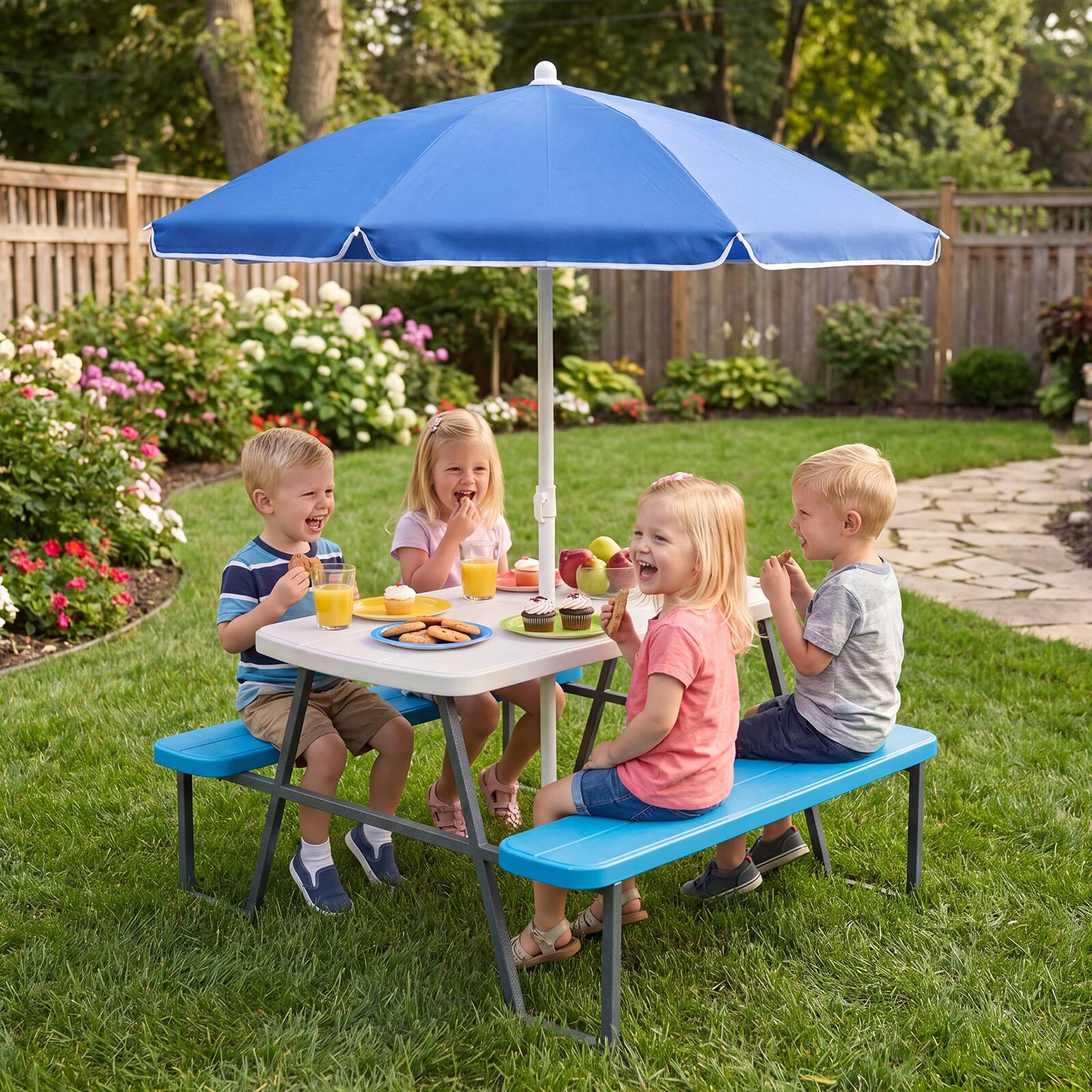Alt View 3. Costway - Costway Kids Picnic Table with Benches Removable Adjustable Umbrella Metal Frame for Patio - Blue.