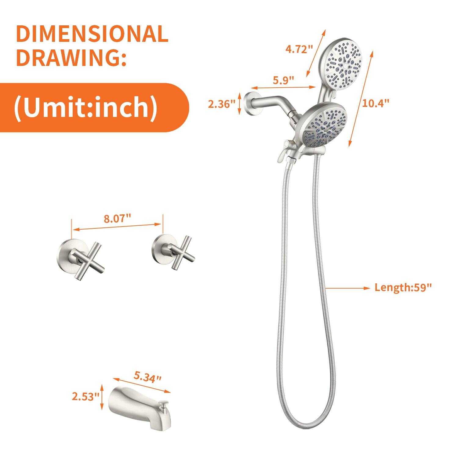 DIMENSIONAL DRAWING:  
(Umit: inch)  

- 2.36"  
- 4.72"  
- 5.9"  
- 10.4"  
- 8.07"  
- Length: 59"  
- 2.53"  
- 5.34"