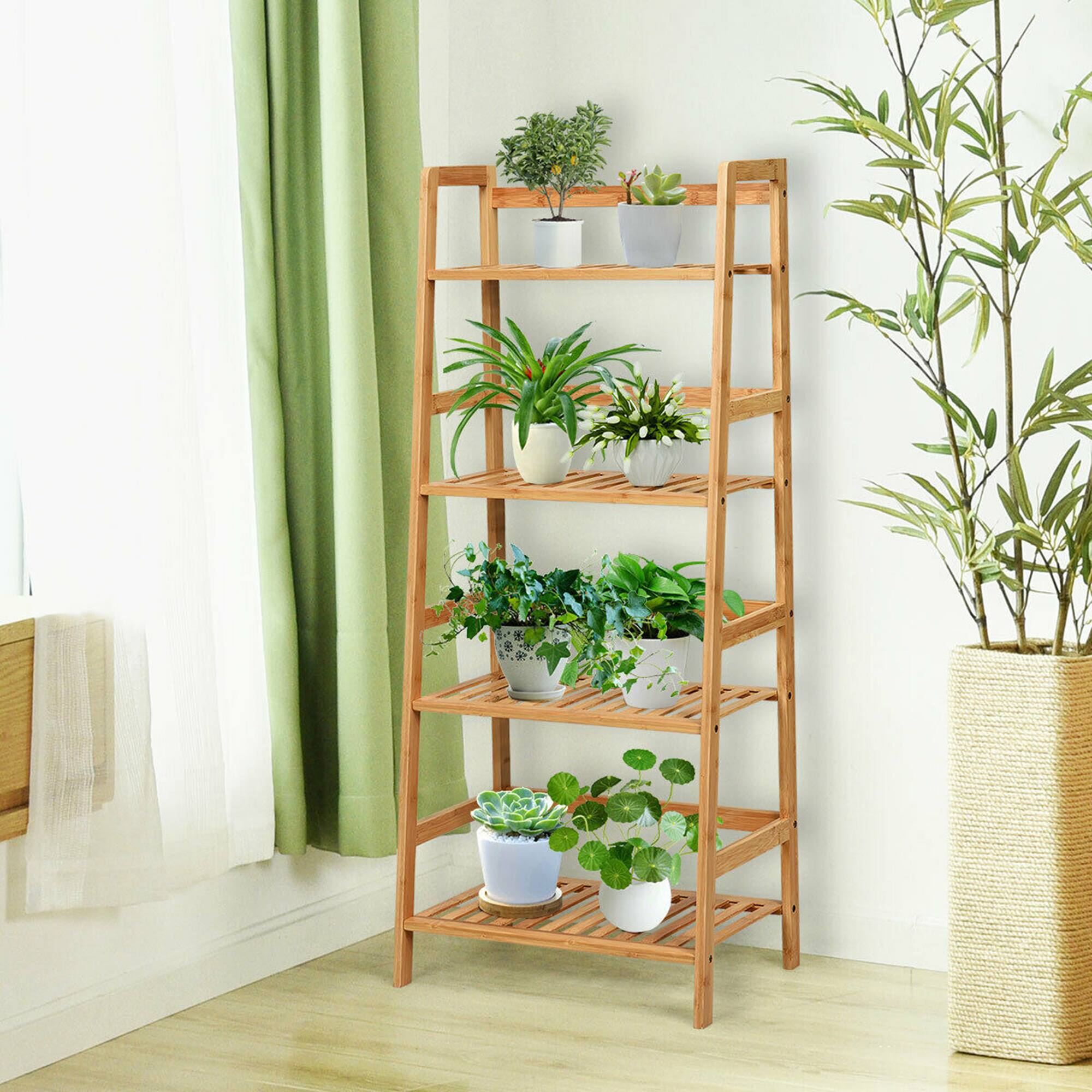 Alt View 2. Gymax - Gymax 4-Tier Bamboo Ladder Shelf Multipurpose Plant Display Stand Storage Bookshelf - Brown.