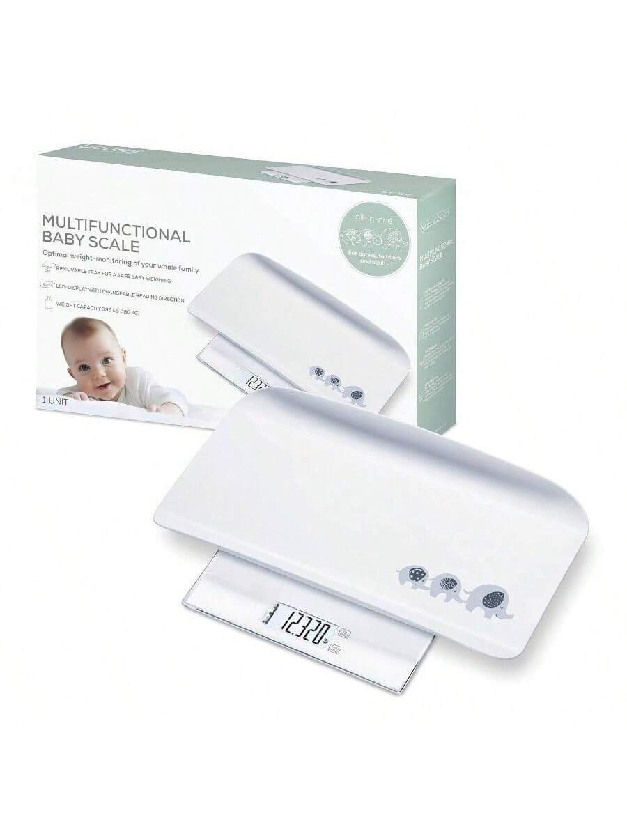 MULTIFUNCTIONAL BABY SCALE  
Optimal weight-monitoring of your whole family  

- REMOVABLE TRAY FOR A SAFE BABYWEIGHING  
- LED DISPLAY WITH CHANGEABLE READING DIRECTION  
- WEIGHT CAPACITY 33 LB (15 KG)  

all-in-one  
For babies, toddlers, and adults  

1 UNIT