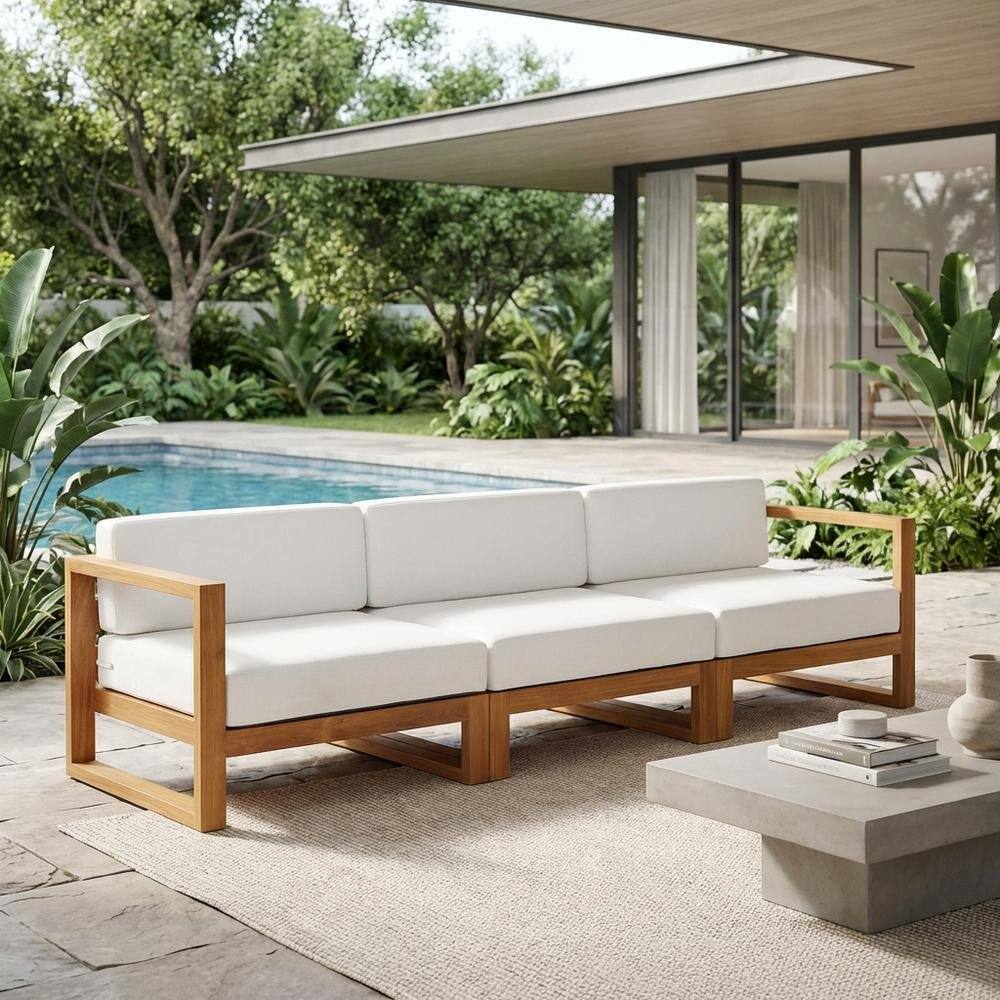 Left. Outdoor Escape - Outdoor Patio Teak Wood Sectional Sofa Set in Finish for Garden and Porch - White.