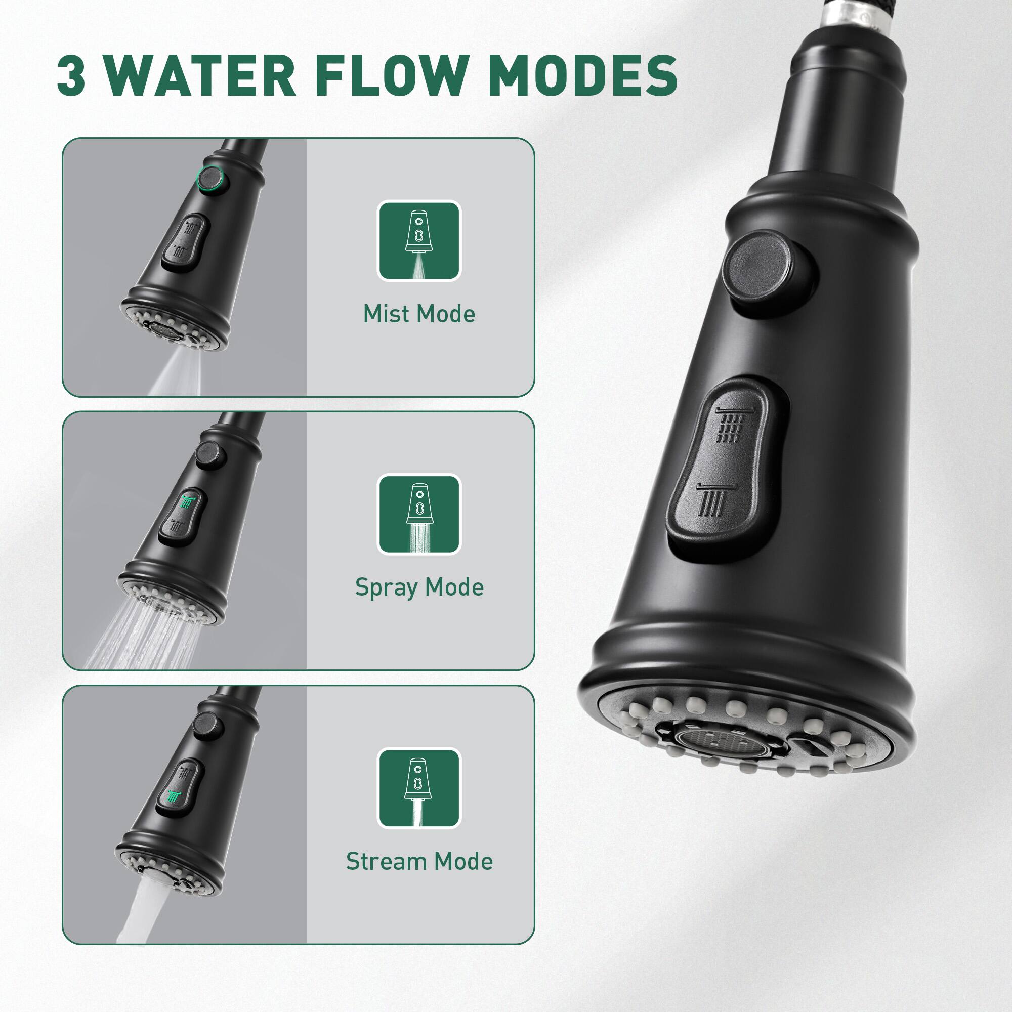 3 WATER FLOW MODES

- Mist Mode
- Spray Mode
- Stream Mode