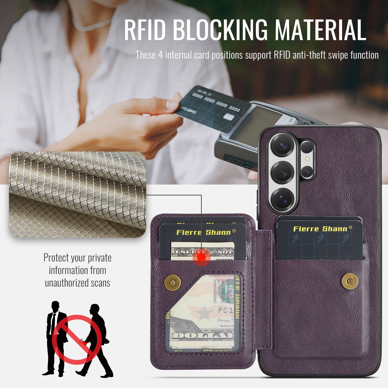 RFID BLOCKING MATERIAL

These 4 internal card positions support RFID anti-theft swipe function

Protect your private information from unauthorized scans