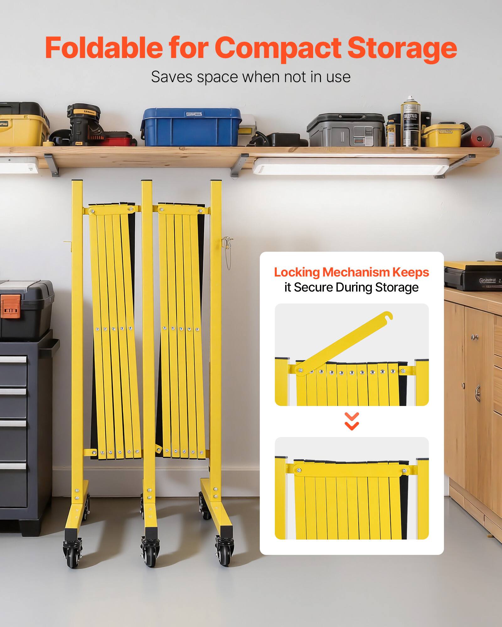 Foldable for Compact Storage  
Saves space when not in use  

Locking Mechanism Keeps it Secure During Storage