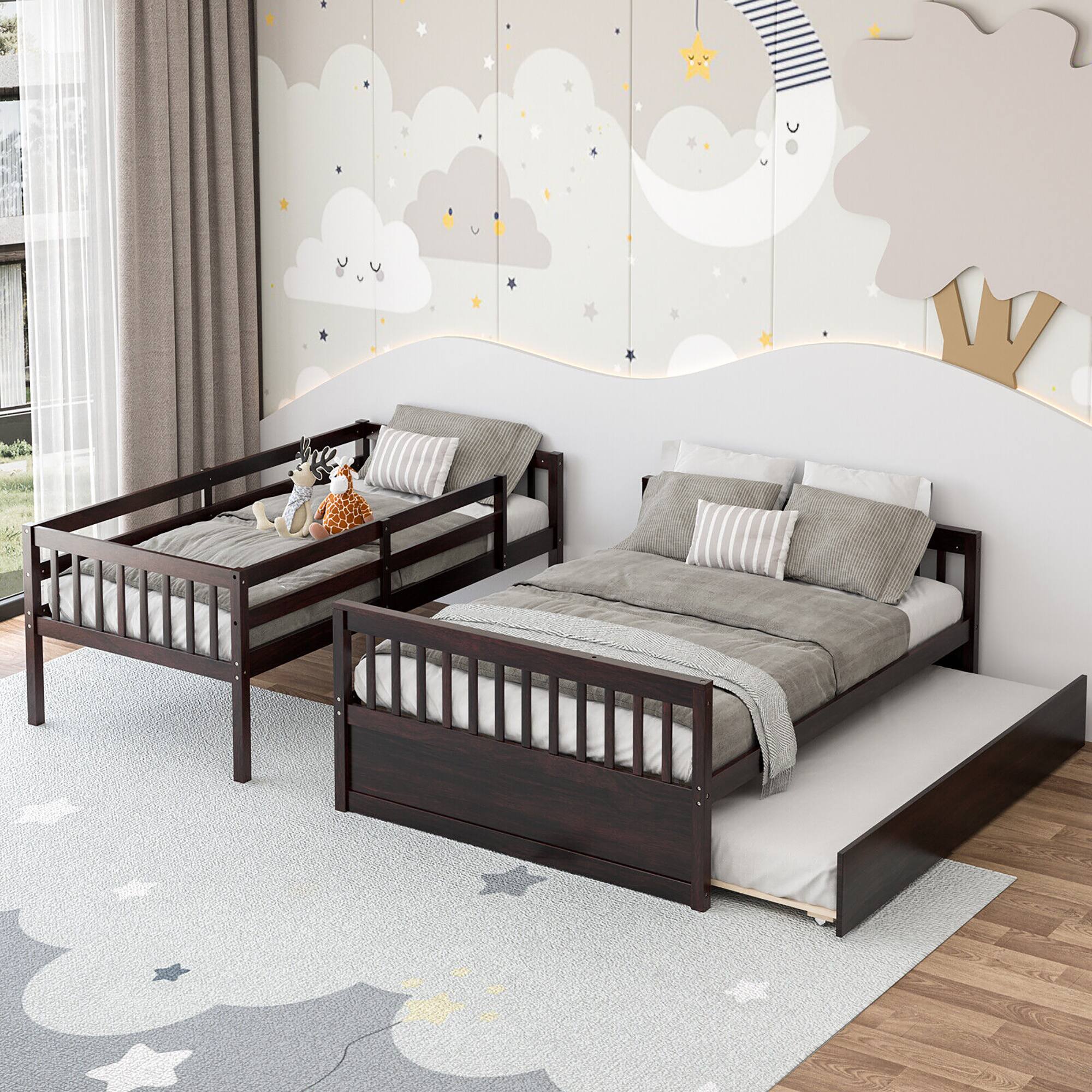 Alt View 3. Gymax - Gymax Twin Over Full Bunk Bed with Twin Trundle Convertible Platform Bed Espresso - Espresso.