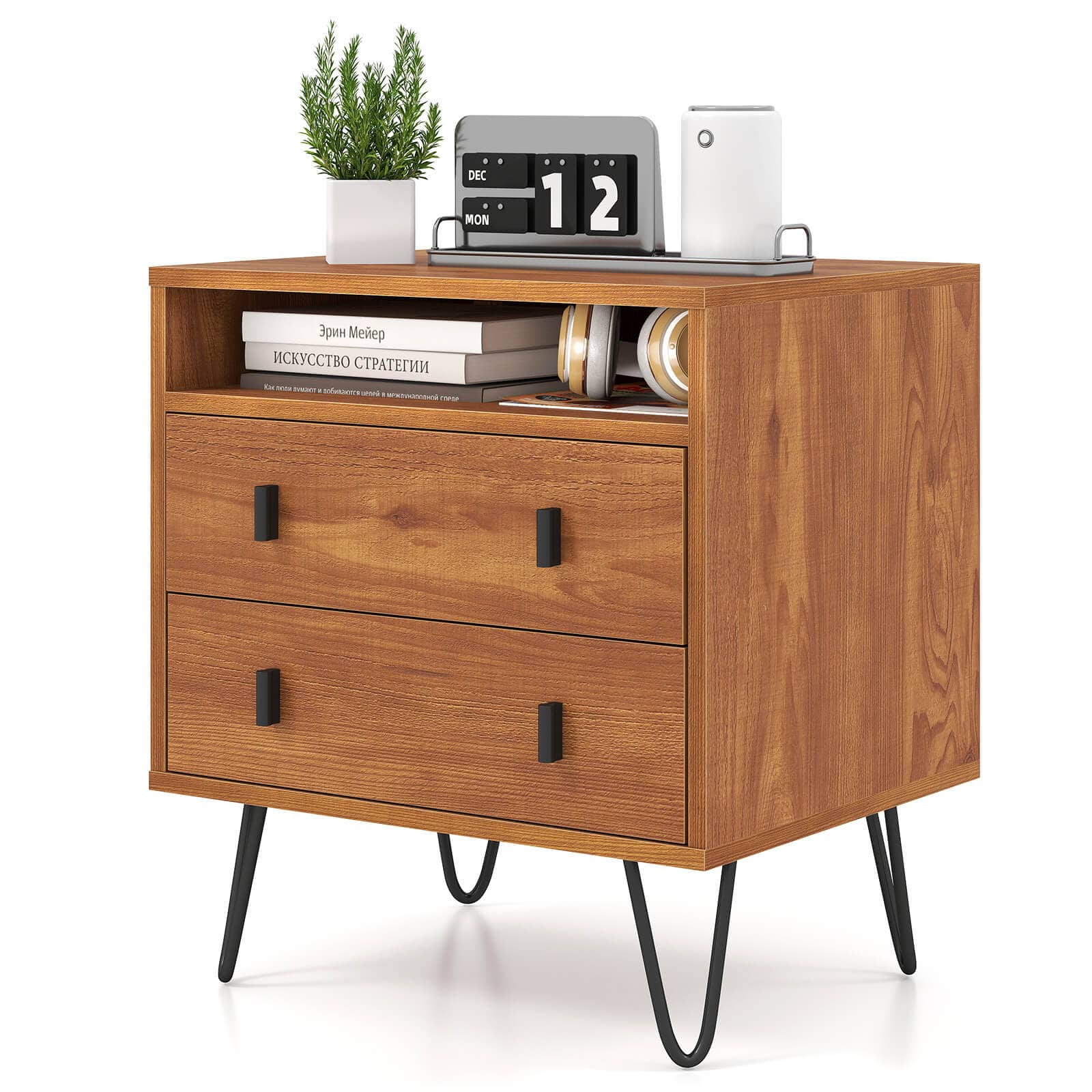Costway - 2-Drawer Nightstand with Storage Compartment Metal Hairpin Legs for Bedroom - Walnut