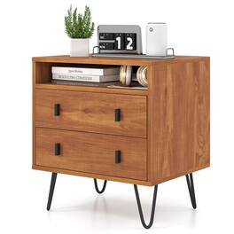 Costway - 2-Drawer Nightstand with Storage Compartment Metal Hairpin Legs for Bedroom - Walnut