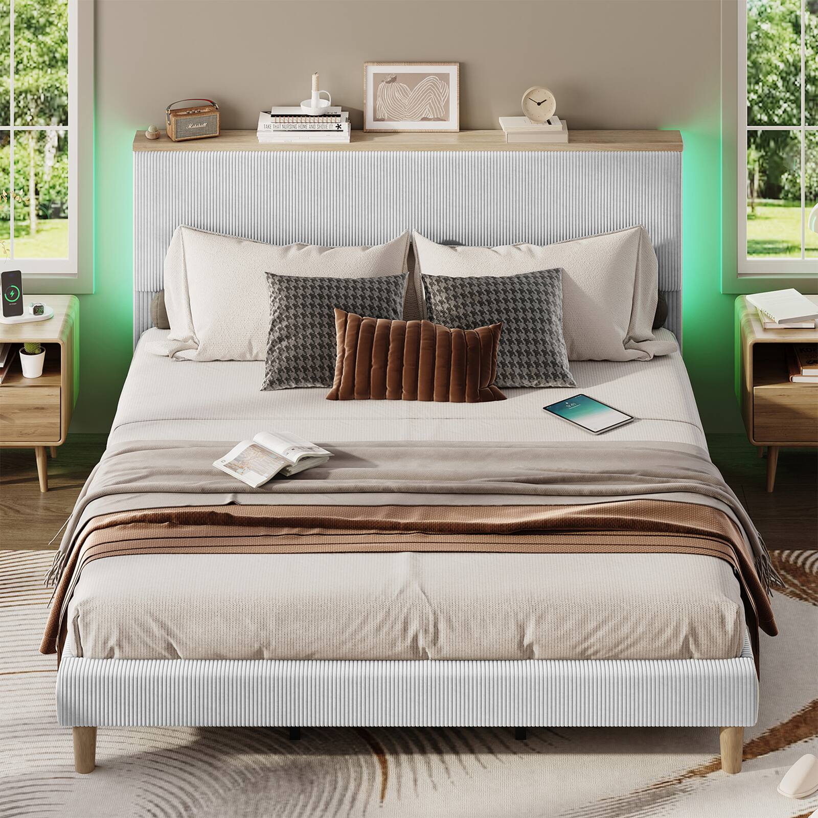 Alt View 3. Bestier - Full Size Upholstered Platform Bed with LED Lighting and Adjustable Storage Headboard for Bedroom - Light Grey.
