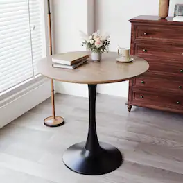 Loheer - Walnut Round Dining Table, Tulip Pedestal Base, 31.5 Inch Mid-Century Kitchen Table - Walnut and black