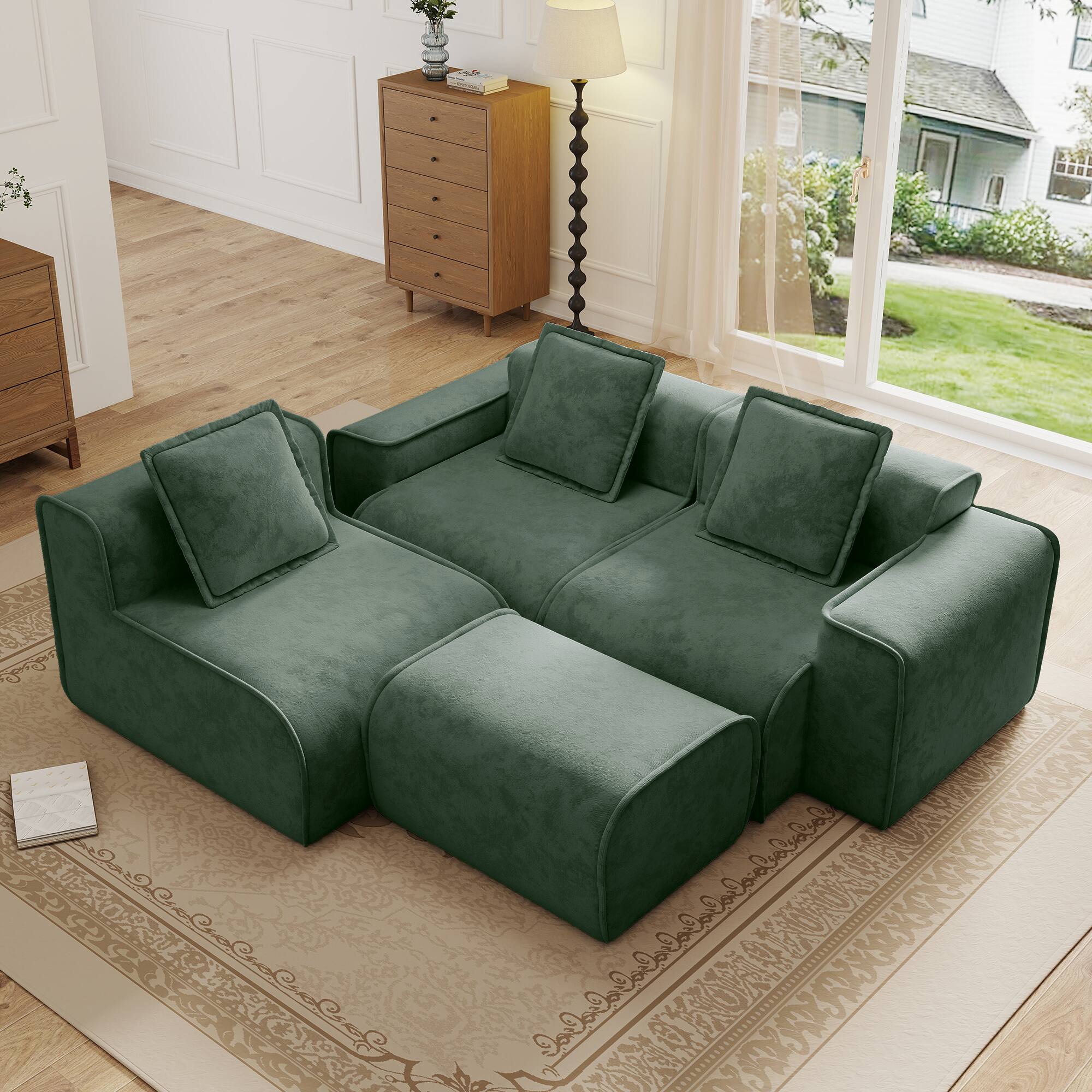 Left. Anysun - Streamlined L-Shape Velvet Sectional Sofa - 3-Seat Boneless Design, No Assembly, Includes Pillows & Ottoman - Green.