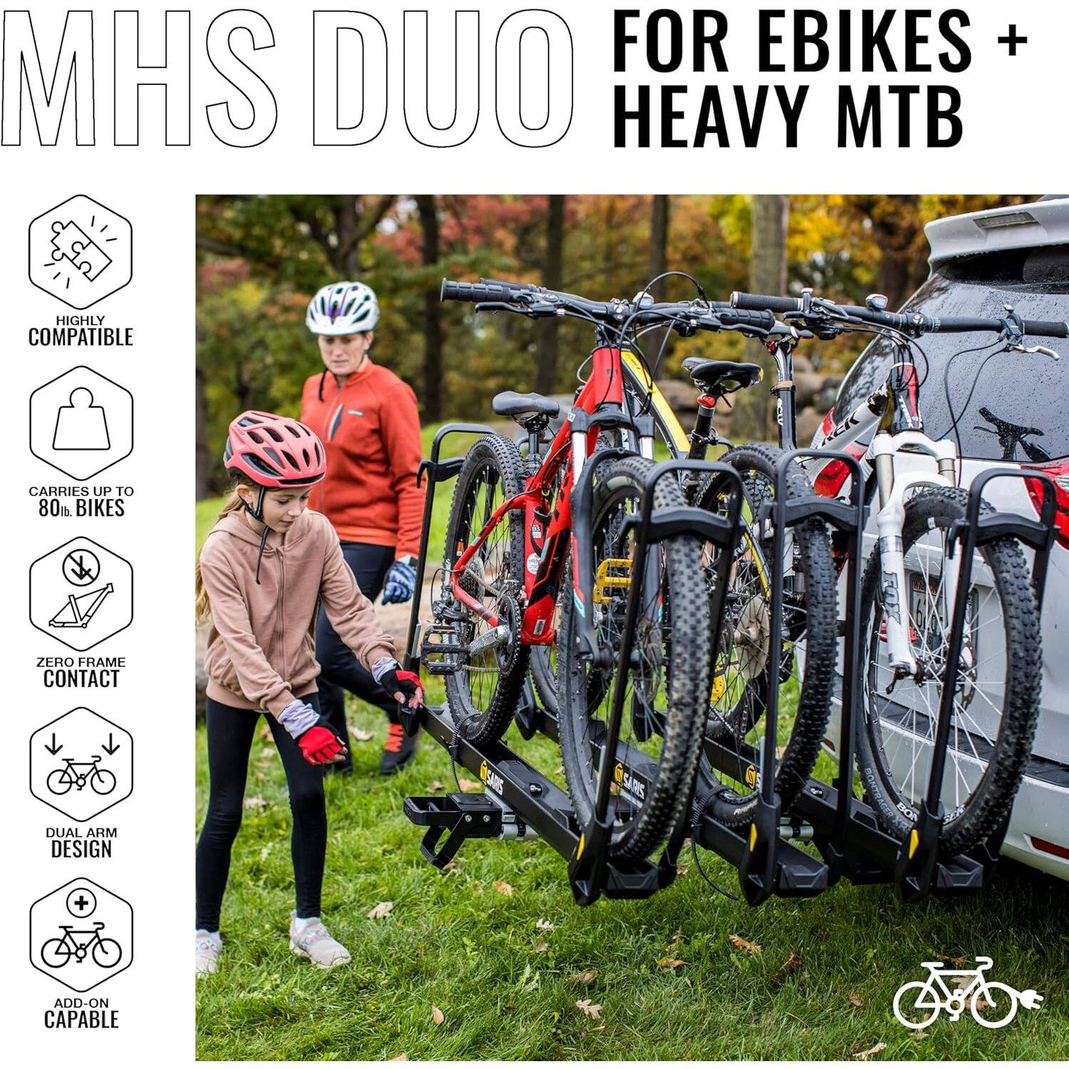 MHS DUO FOR EBIKES + HEAVY MTB

- HIGHLY COMPATIBLE
- CARRIES UP TO 80kg BIKES
- ZERO FRAME CONTACT
- DUAL ARM DESIGN
- ADD-ON CAPABLE