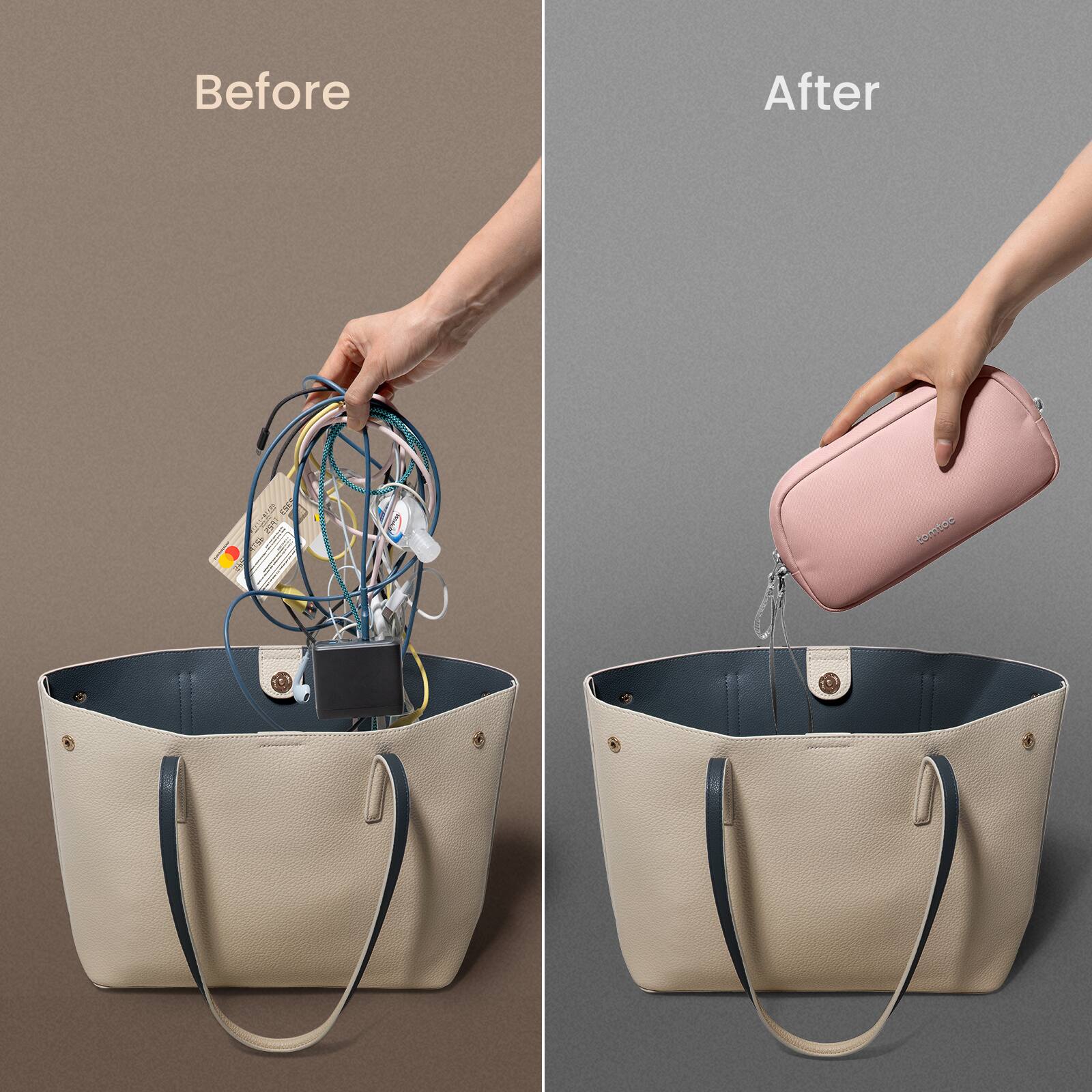 Before: A person is holding a purse with a cord coming out of it. The purse is open, and the cord is hanging out.

After: A person is holding a purse with a cord coming out of it. The purse is open, and the cord is hanging out.