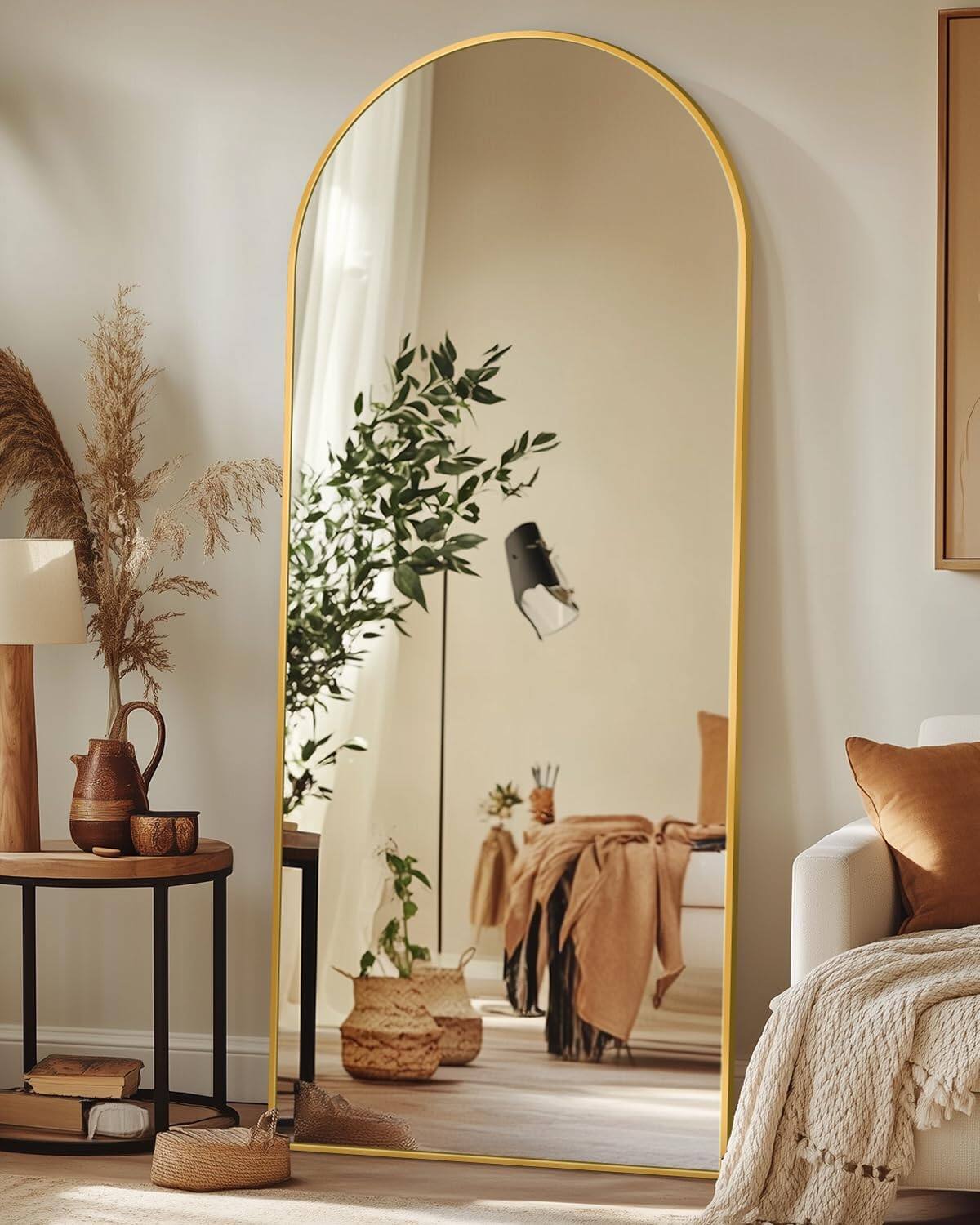 Left. Stamp n Camp - Full Length Mirror,  Floor Mirror, Arch Floor Standing Mirror Freestanding Arch Full Body with Stand for Bedro - Gold-64.2"L x 20.9"W.