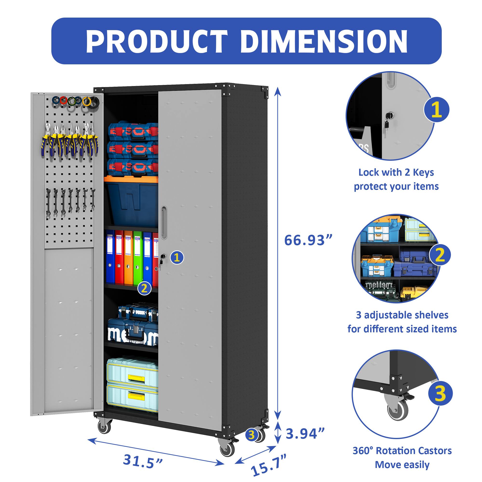 PRODUCT DIMENSION

1. Lock with 2 Keys protect your items
2. 3 adjustable shelves for different sized items
3. 360° Rotation Castors Move easily

- Height: 66.93"
- Width: 31.5"
- Depth: 15.7"
- Castor Height: 3.94"