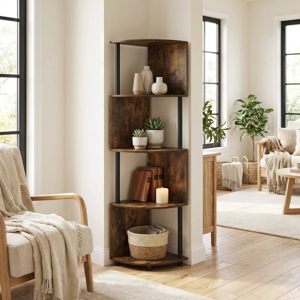 Left. FurniFact - 4-Tier Zigzag Corner Shelf Bookcase, Multi-Level Storage - Amber Pine/Black.