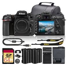 Nikon D7500 with Nikon F mount, Nikon G i, Nikon C, Nikon BATTERY CHARGER, SD XC 64 GB, Nikon strap, Nikon lens cap, and other accessories.