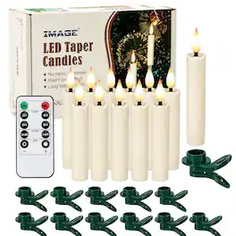 IMAGE - 12 Pcs LED Taper Candles Light Set Flameless 3D Wick Ivory Candles with Clip-on Christmas Tree Design, 5.2 Inch - Ivory White