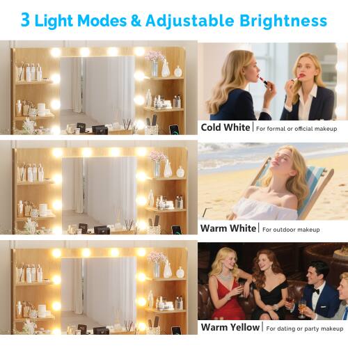 3 Light Modes & Adjustable Brightness

Cold White | For formal or official makeup

Warm White | For outdoor makeup

Warm Yellow | For dating or party makeup