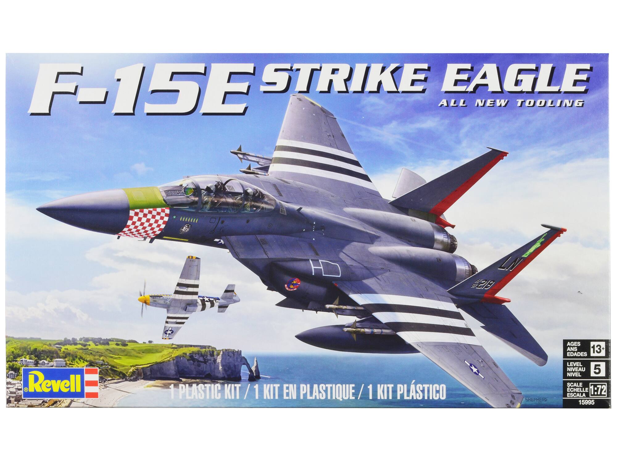 F-15E STRIKE EAGLE  
ALL NEW TOOLING  

Revell  
1 PLASTIC KIT / 1 KIT EN PLASTIQUE / 1 KIT PLÁSTICO  

AGES 13+  
EDADES 13+  
NIVEAU 5  
NIVEL 5  
ESCALA 1:72  
15995  

SHEPHERD