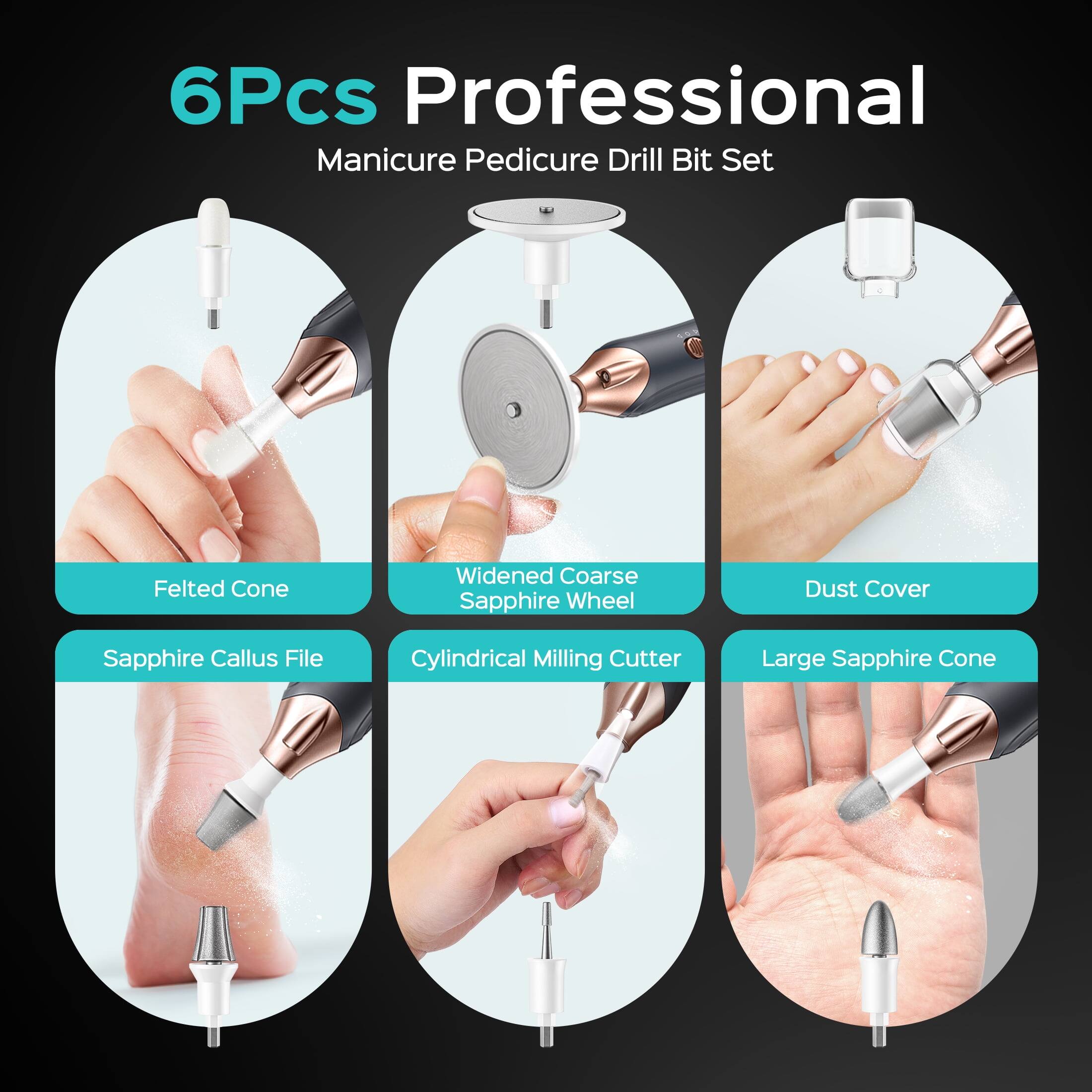 6Pcs Professional Manicure Pedicure Drill Bit Set  
Felted Cone  
Widened Coarse Sapphire Wheel  
Dust Cover  
Sapphire Callus File  
Cylindrical Milling Cutter  
Large Sapphire Cone