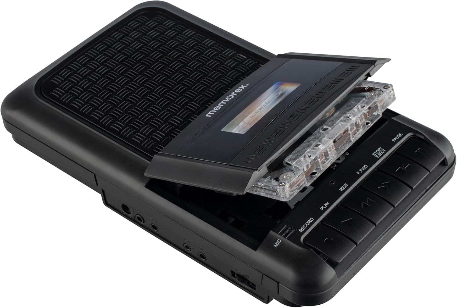 The text on the image is: "Memorex AUTOMATIC STOP PAUSE Q STOP F F F.FWD REW PLAY RECORD / MIC C"