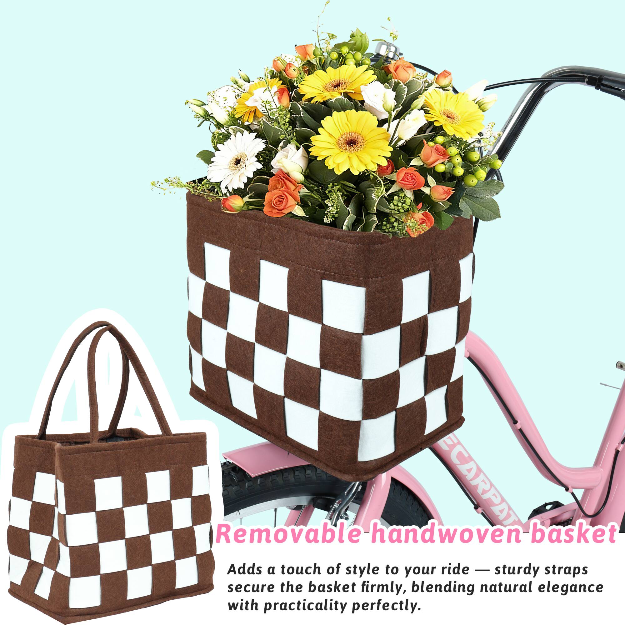 Removable handwoven basket  
Adds a touch of style to your ride - sturdy straps secure the basket firmly, blending natural elegance with practicality perfectly.
