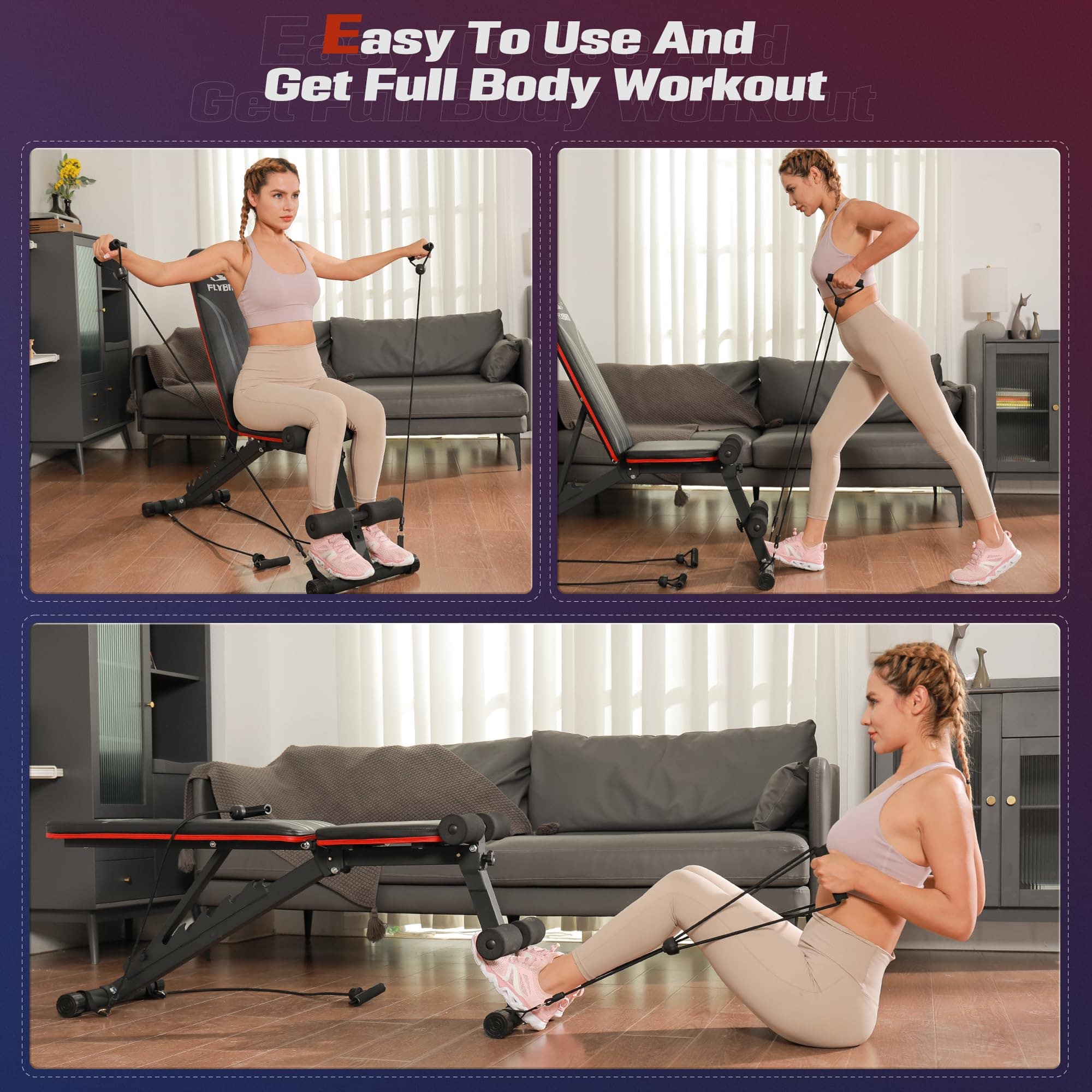 FED Fitness Adjustable foldable Weight Bench with Resistance Bands