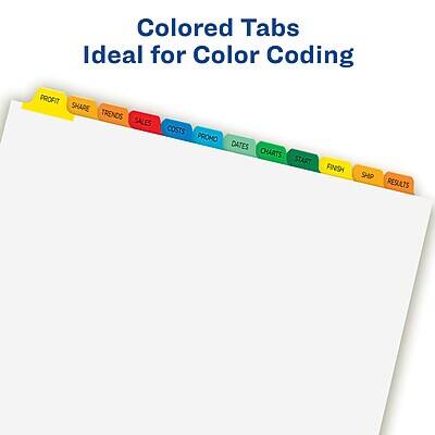 Colored Tabs  
Ideal for Color Coding  

PROFIT  
SHARE  
TRENDS  
SALES  
COSTS  
PROMO  
DATES  
CHARTS  
START  
FINISH  
SHIP  
RESULTS
