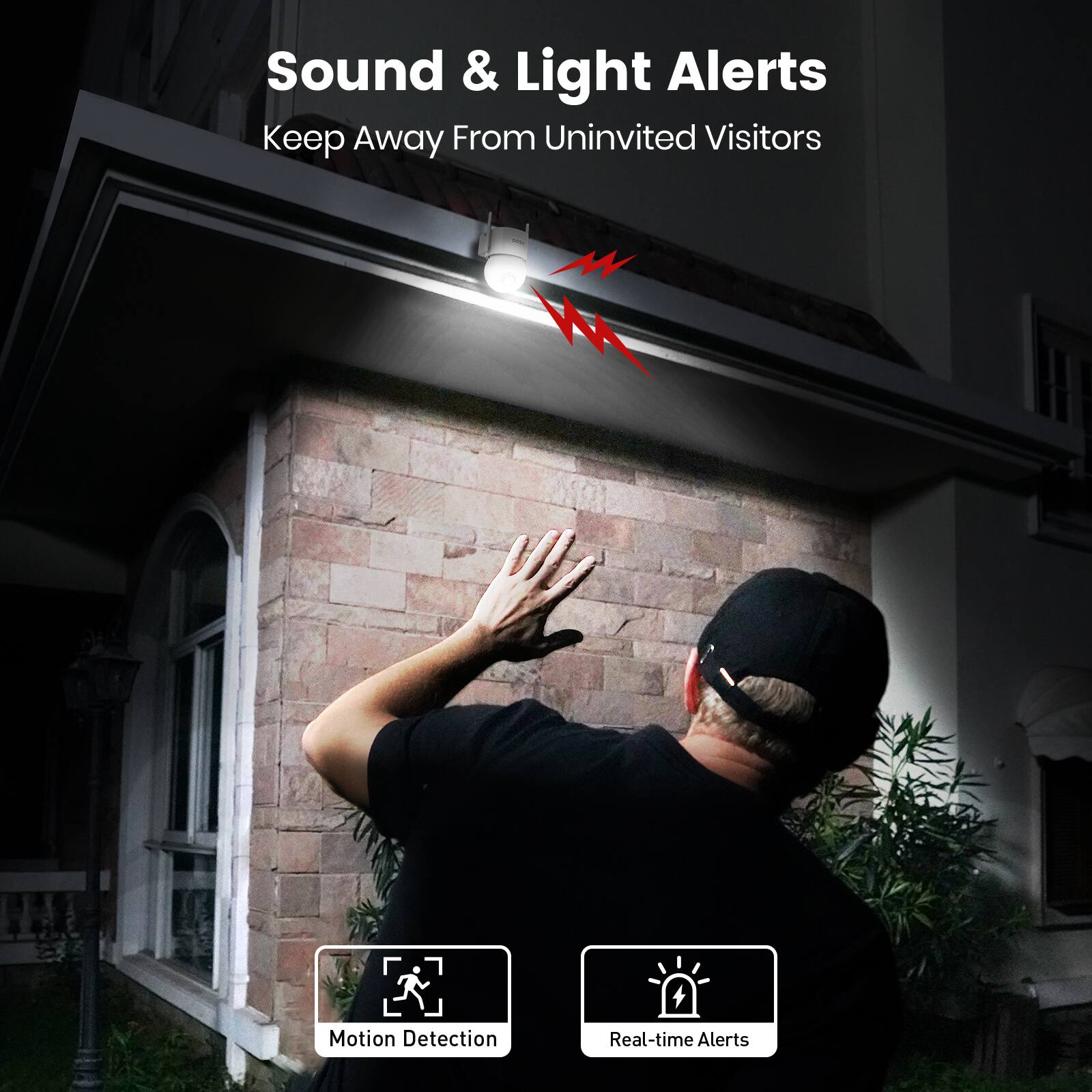 Sound & Light Alerts  
Keep Away From Uninvited Visitors  

Motion Detection  
Real-time Alerts