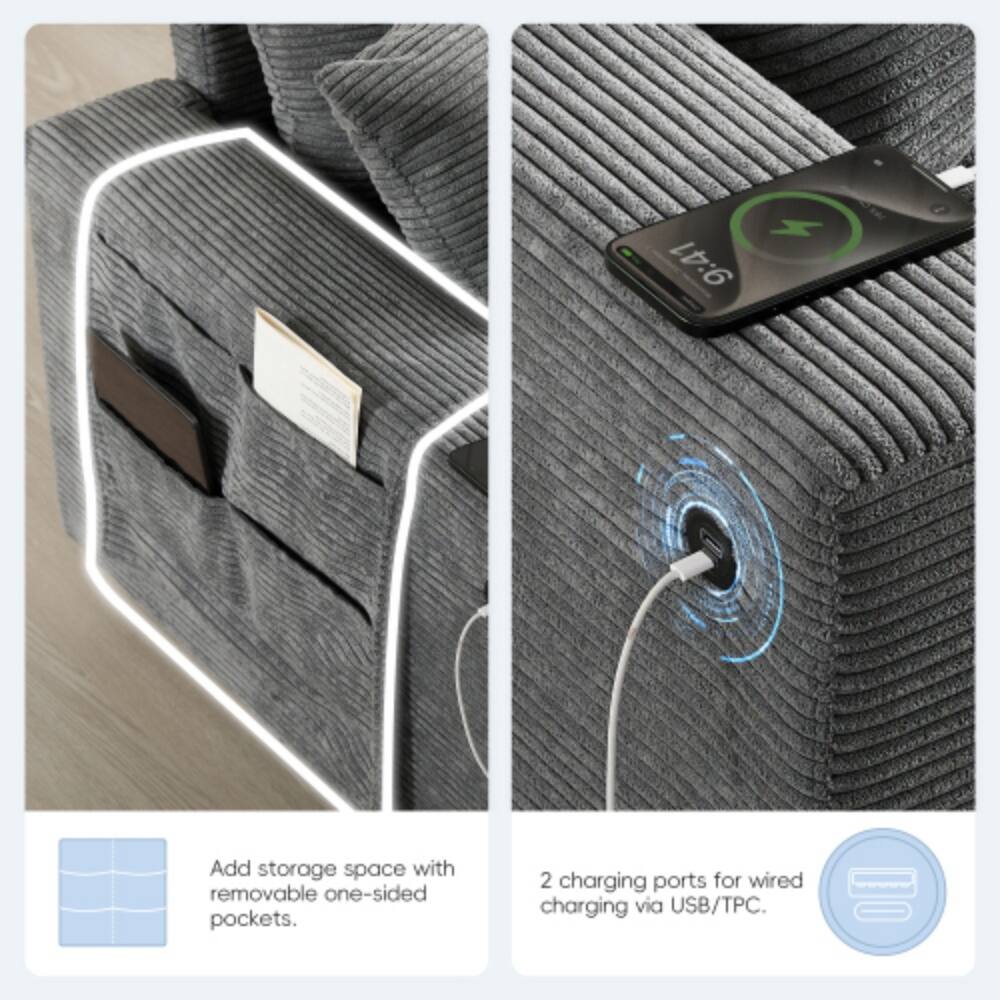 Add storage space with removable one-sided pockets. 2 charging ports for wired charging via USB/TPC.