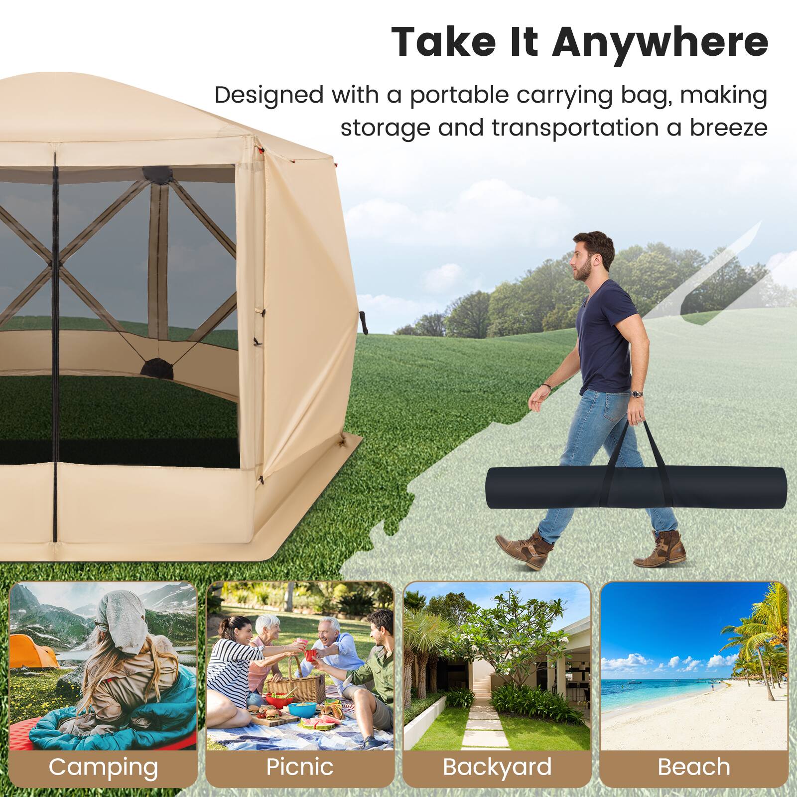 Take It Anywhere Designed with a portable carrying bag, making storage and transportation a breeze. Camping, Picnic, Backyard, Beach.