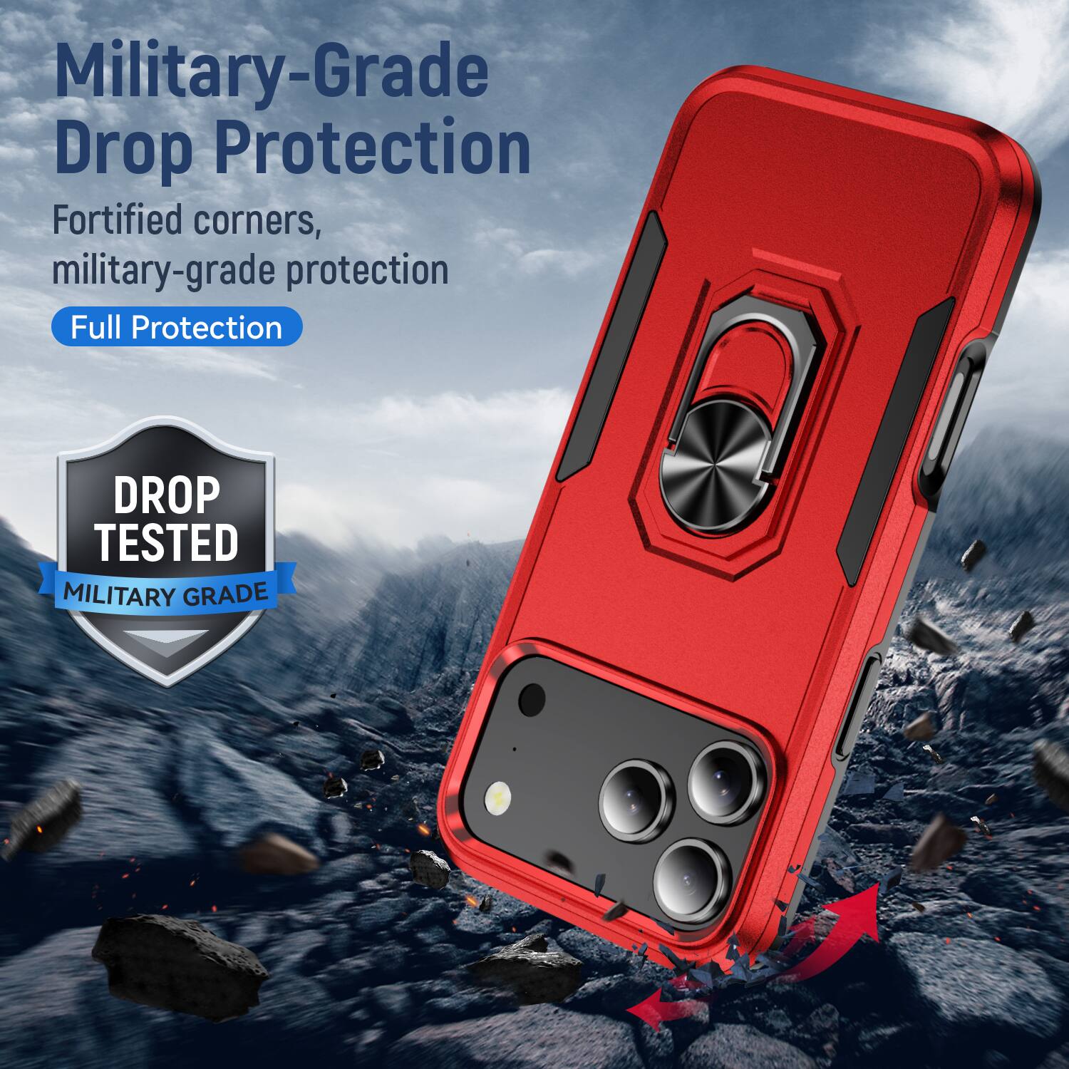 Military-Grade Drop Protection  
Fortified corners, military-grade protection  
Full Protection  

DROP TESTED  
MILITARY GRADE