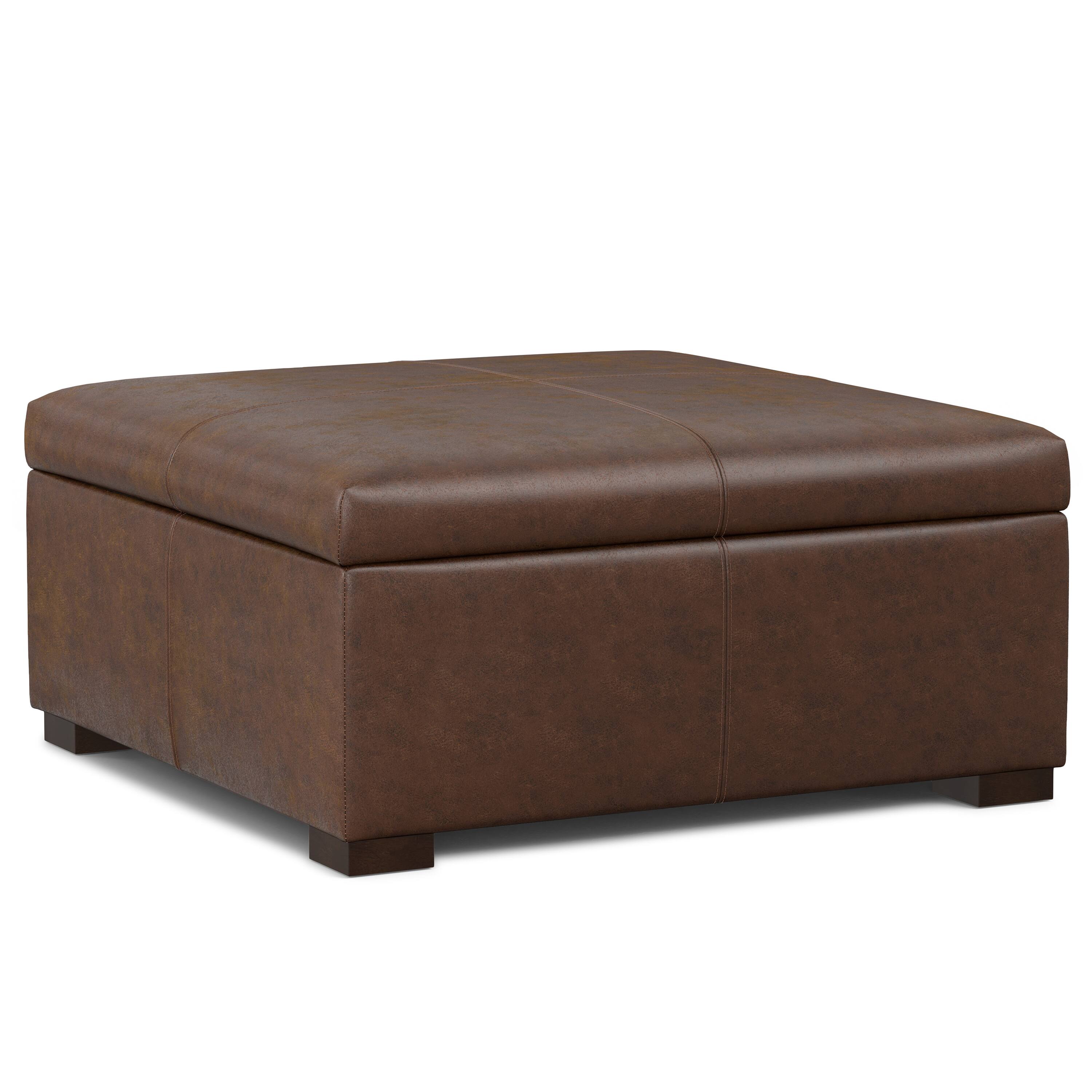 Alt View 2. Simpli Home - Gabbie 36 inch Wide Square Coffee Table Storage Ottoman in Distressed Chestnut Brown Vegan Leather - Distressed Chestnut Brown.