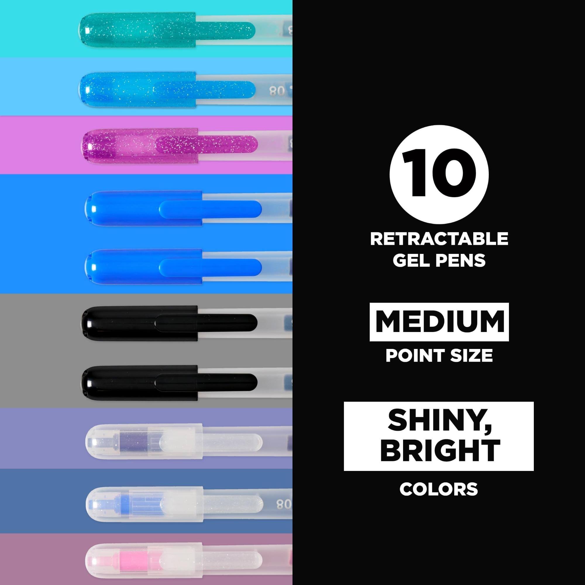 10 RETRACTABLE GEL PENS  
MEDIUM POINT SIZE  
SHINY, BRIGHT COLORS