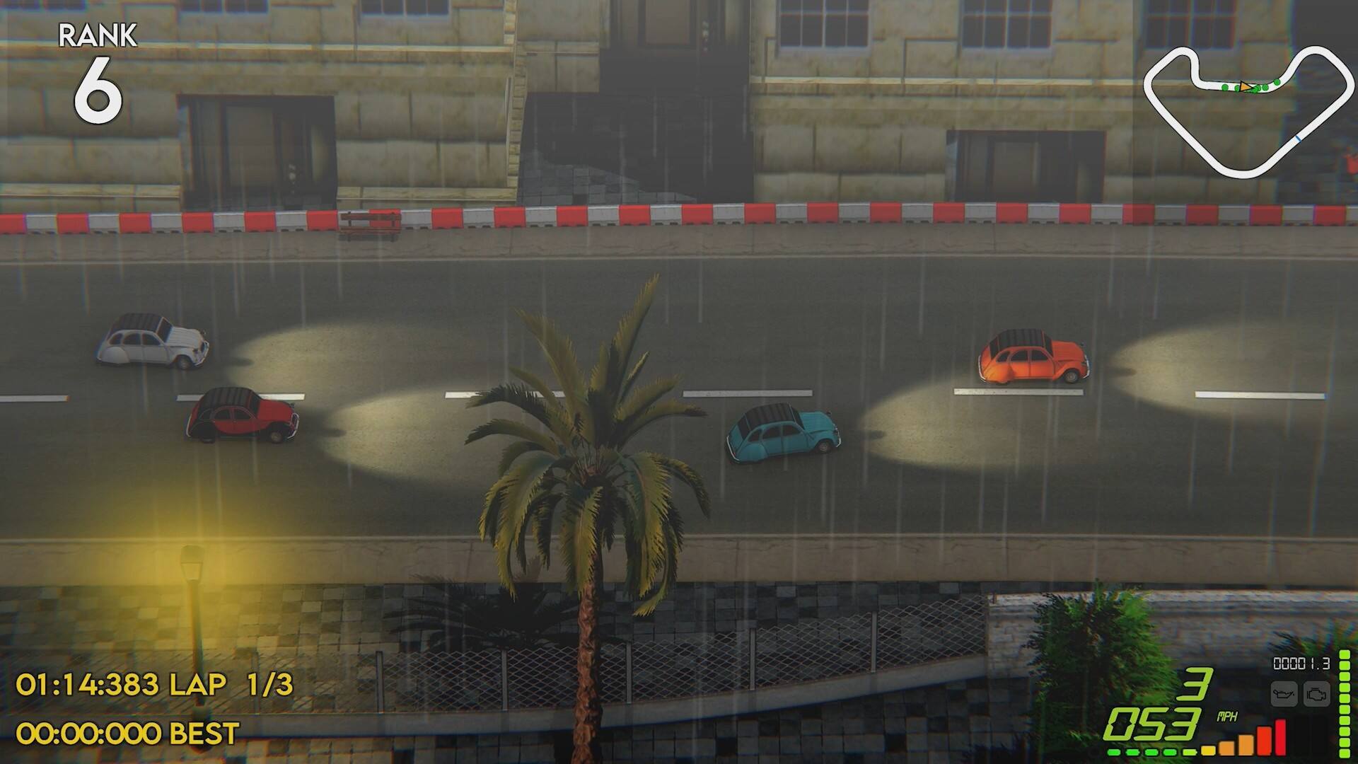 Rank 6 01:14:383 LAP 1/3 00:00:000 BEST 3 MPH 053 00001. 1.3