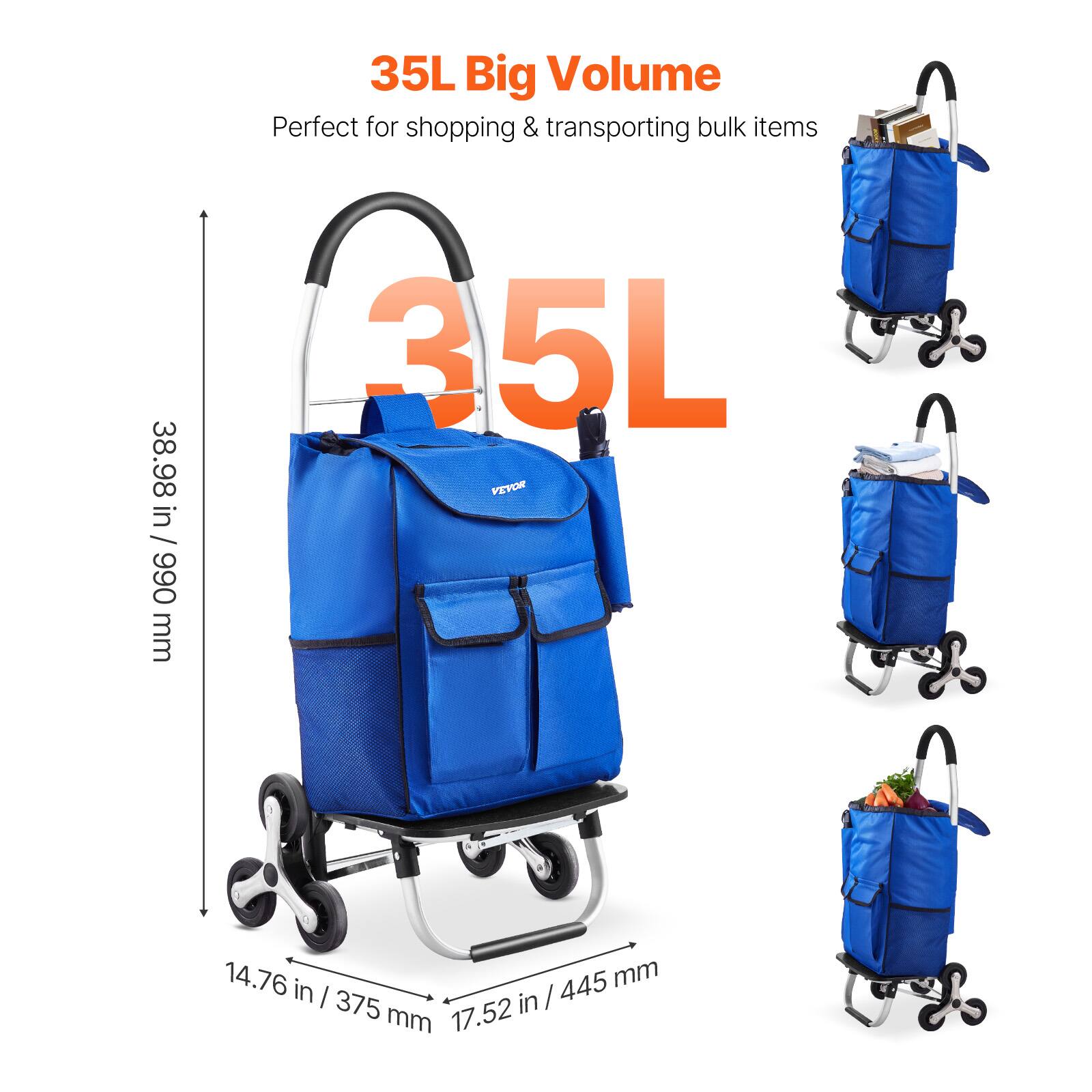 35L Big Volume  
Perfect for shopping & transporting bulk items  

38.98 in / 990 mm  
14.76 in / 375 mm  
17.52 in / 445 mm