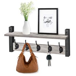 Sorbus - Coat Hooks Wall Mount with Shelf, 24 Inch Coat Rack Wall Mount with 5 Heavy Duty Hooks, Floating Wall Shelf - Gray