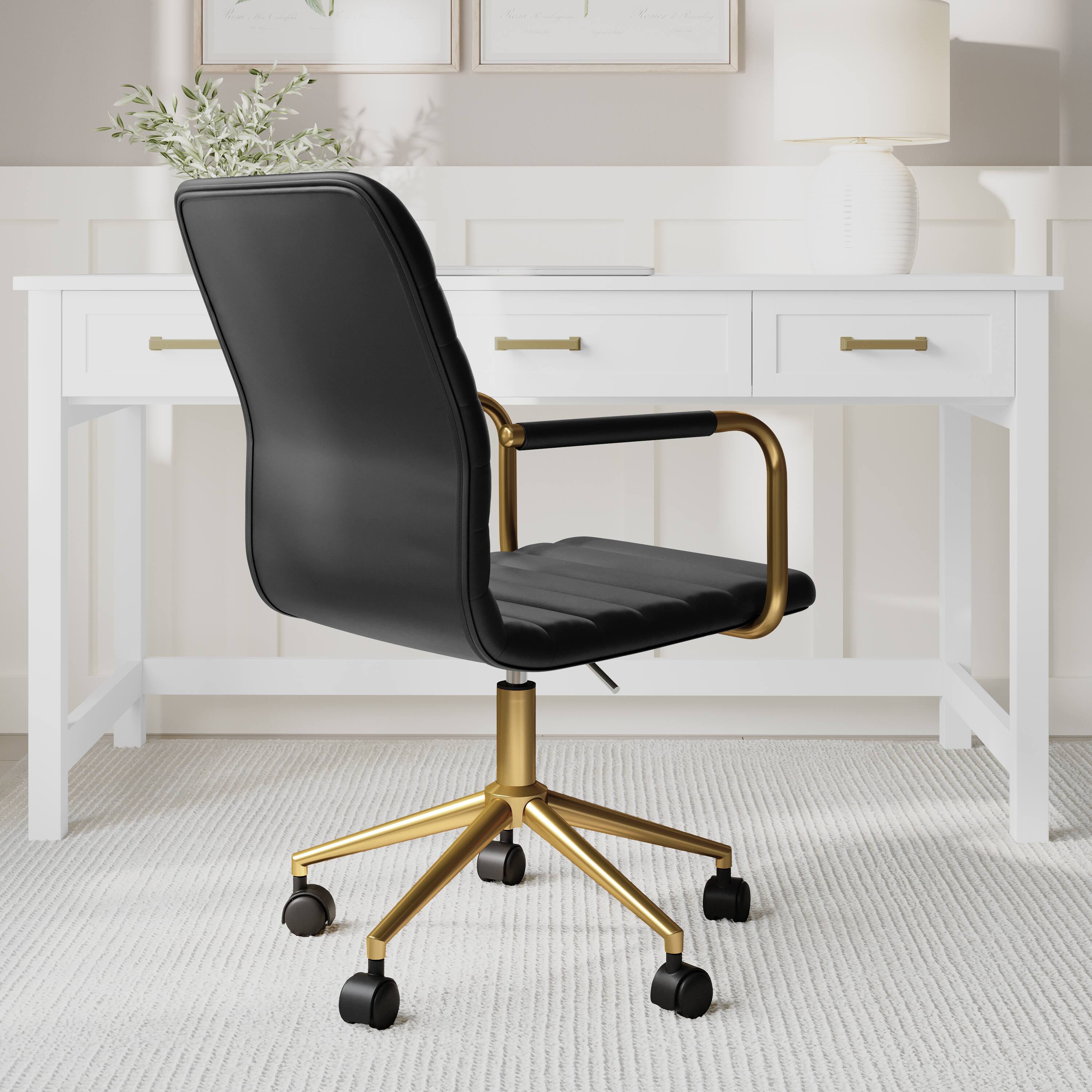 Alt View 5. Martha Stewart - Taytum Upholstered Swivel Home Office Chair with Integrated Armrests - Black Faux Leather/Polished Brass Frame.