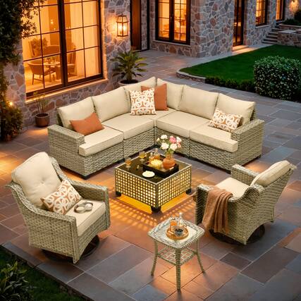 Front. Ovios - 9 PCS Patio Furniture Set Sectional Sofa with Swivel Rocking Chair, Coffee Table & Side Table - Beige.