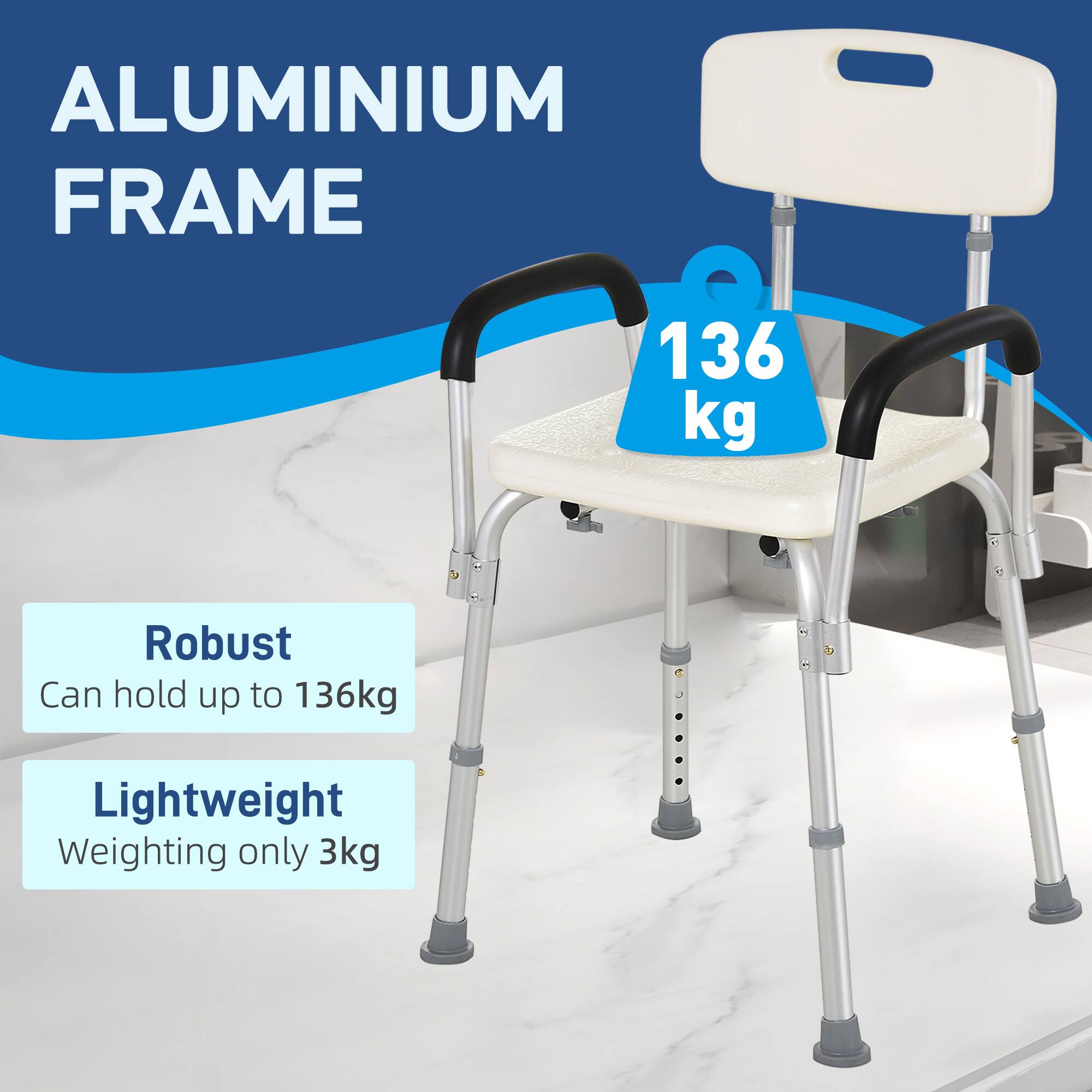 The text in the image can be grouped and corrected as follows:

- **Aluminium Frame**
- **136 kg**
- **Robust**
  - Can hold up to 136 kg
- **Lightweight**
  - Weighting only 3 kg